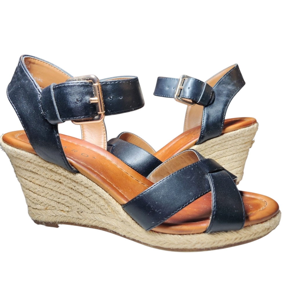 Pesaro Espadrille Wedge Black Vegan Leather Sandals Ankle Strap Gold‎ Buckle 8